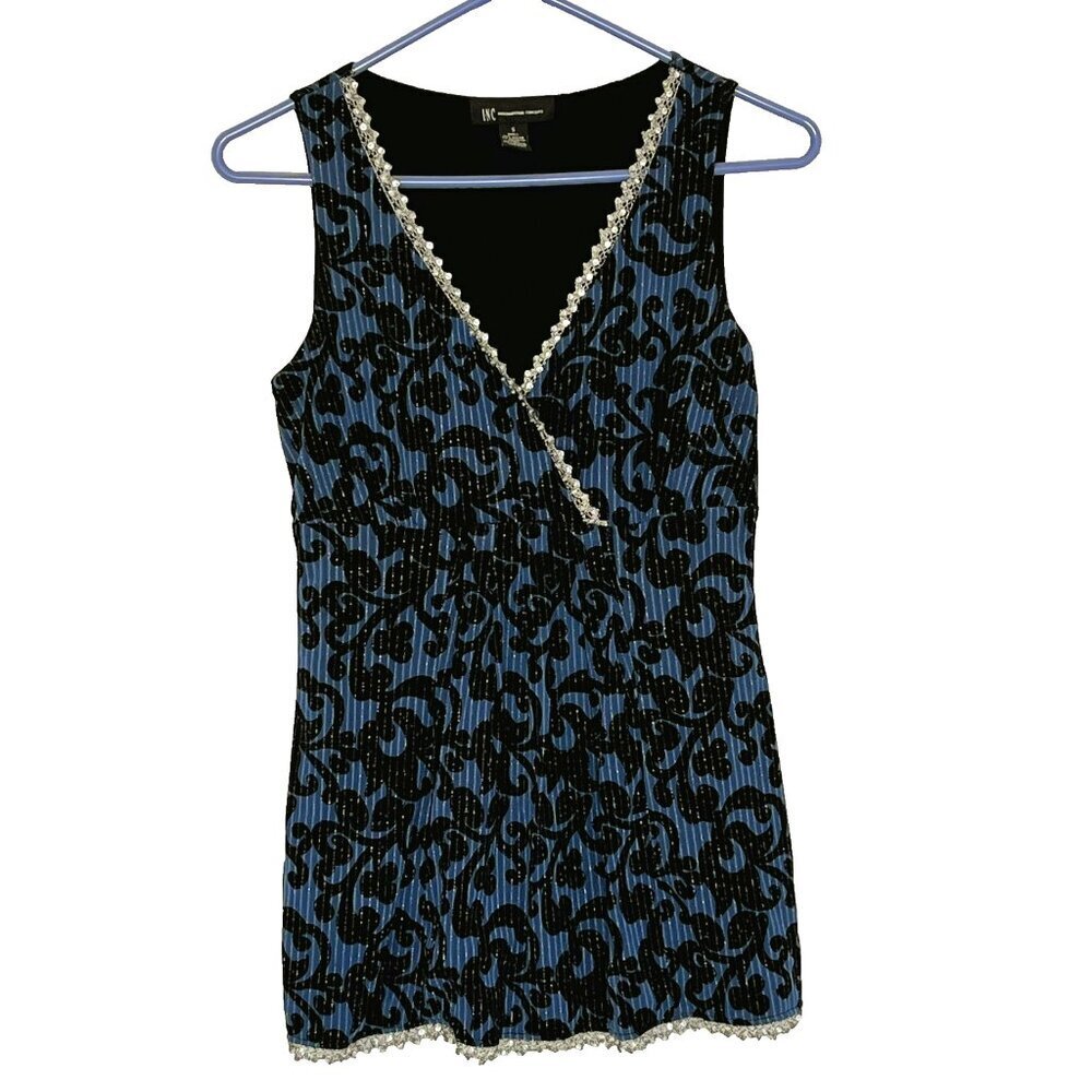 INC International Concepts Babydoll Top Lace Embellished Metallic Party Event